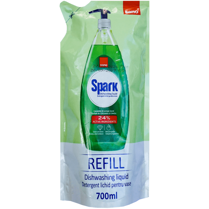 Detergent lichid, rezervă, pentru vase Sano Spark castravete, 700 ml